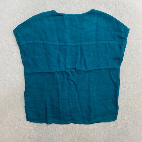 Tahari Top Womens M Teal Blue Short Sleeve Boxy Linen V Slit Neckline - Picture 8 of 11
